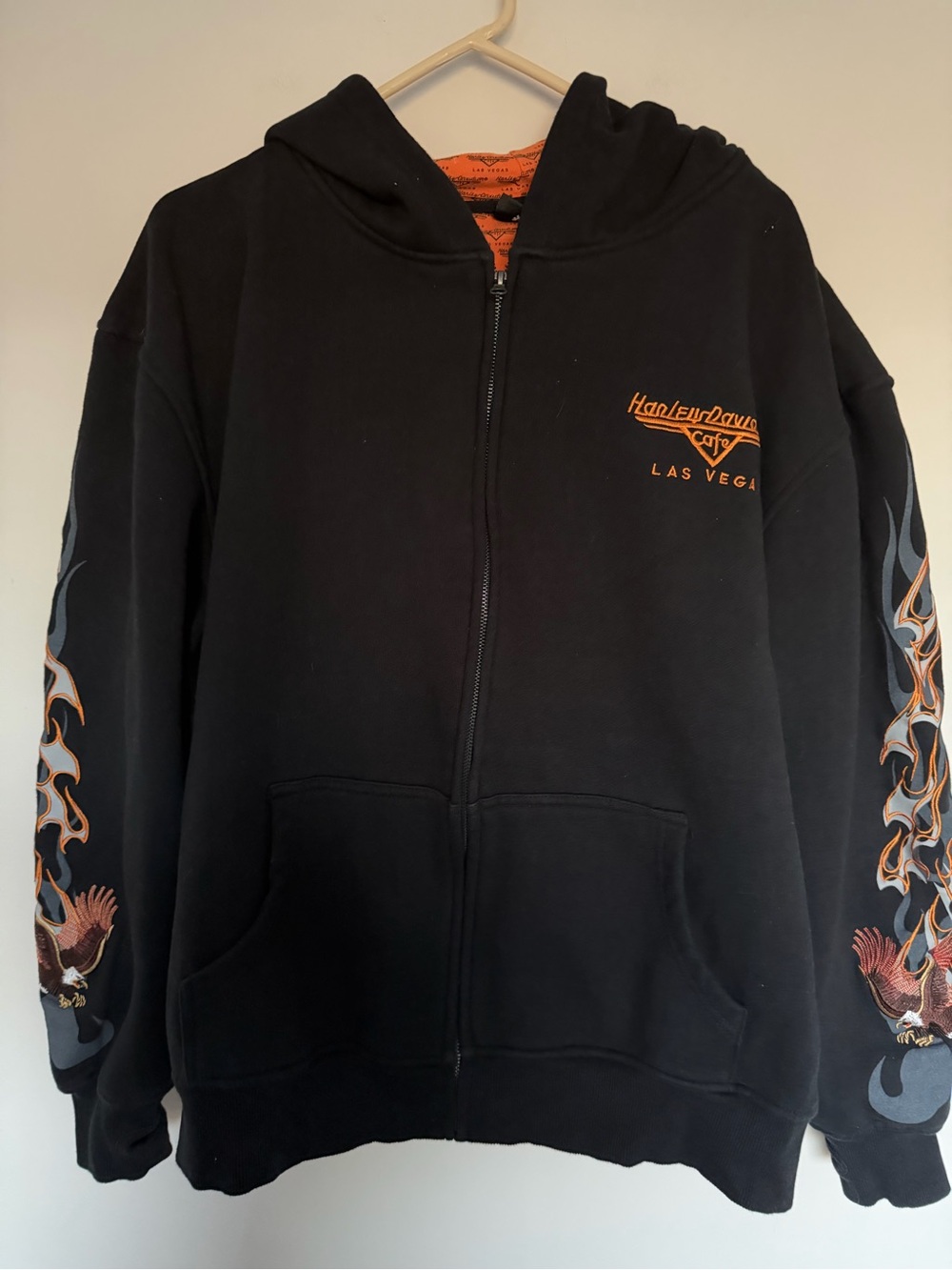Harley-Davidson Cafe Las Vegas Black Zip Hoodie Eagle Flame Sleeves Mens Small